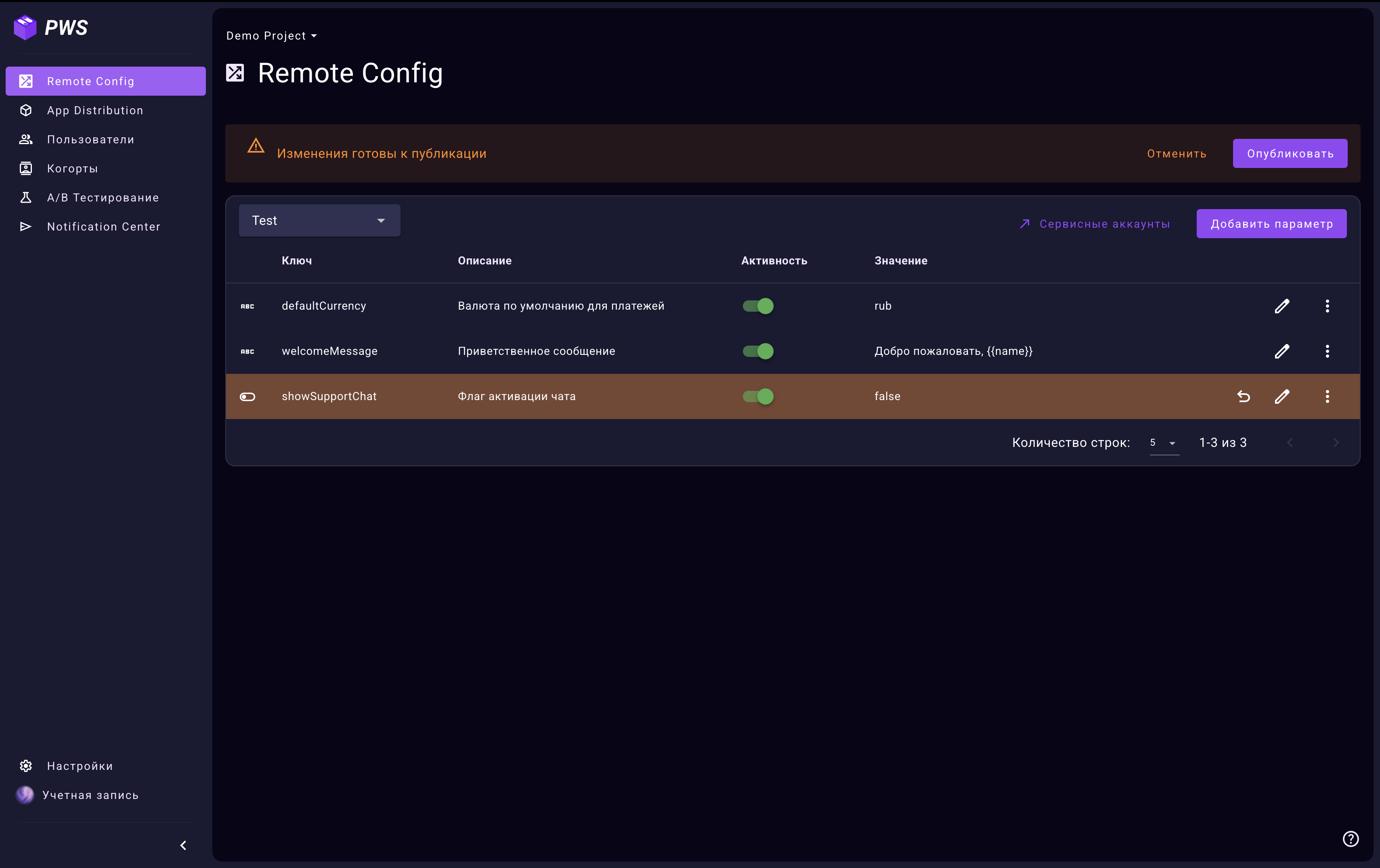 Таблица Remote Config с неопубликованными изменениями