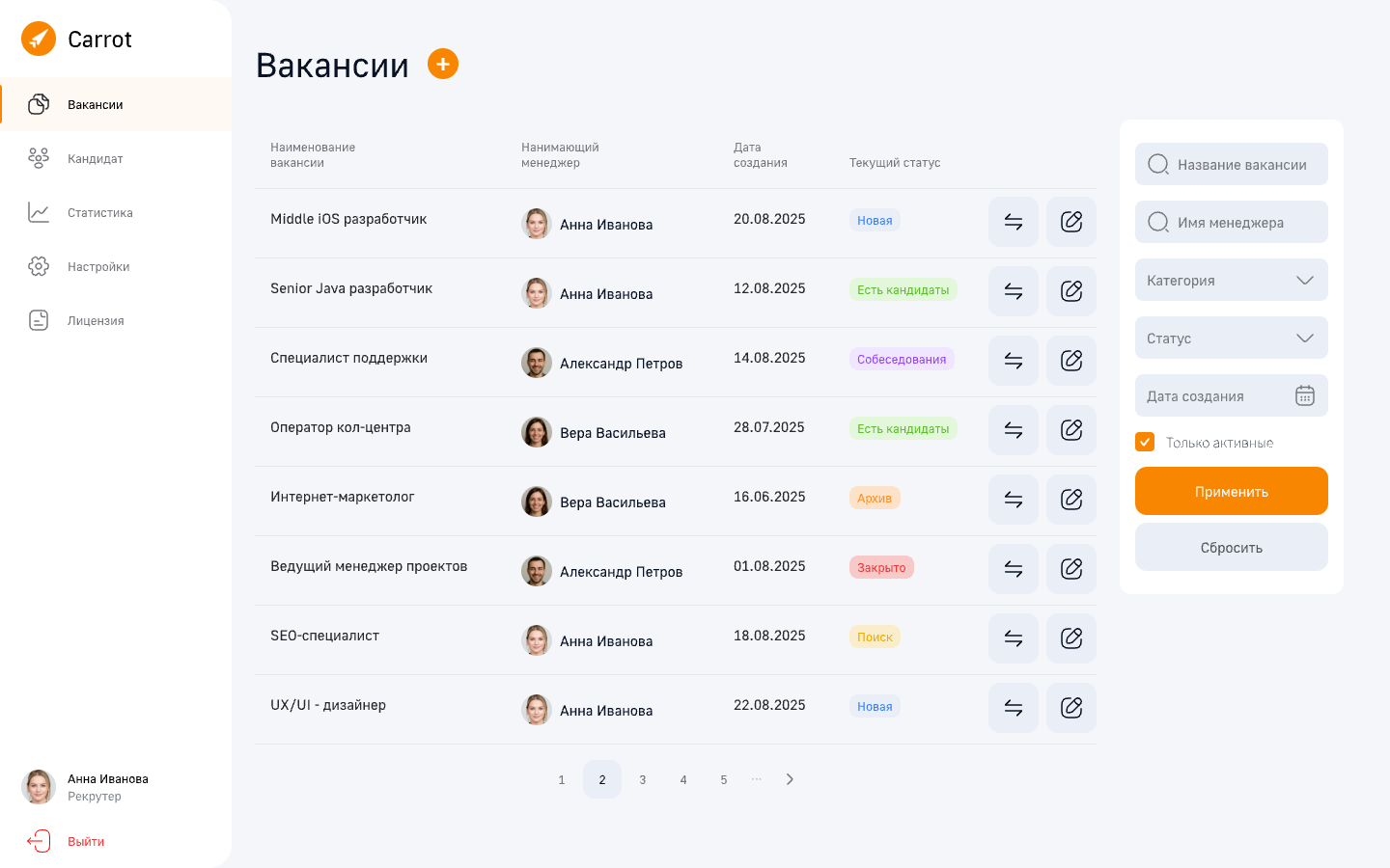 Интерфейс HR-платформы Carrot